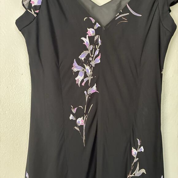 VINTAGE 90s Floral Chiffon Black Midi Dress bohemian Whimsygoth size 4 6 (VTG 8) - Picture 9 of 12